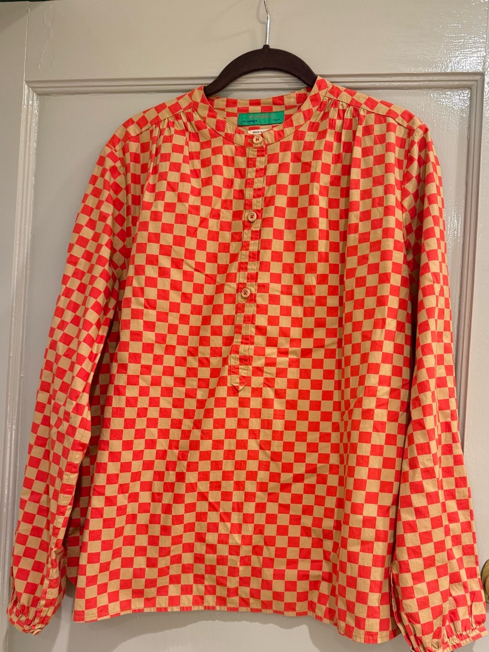 CLARE V Checkerboard Orange & Tan Button-Up Shirt Size Medium EUC